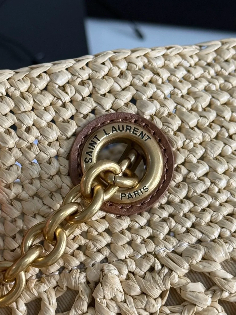 Saint Laurent Beige Crochet Tote with Chain & Leather Straps